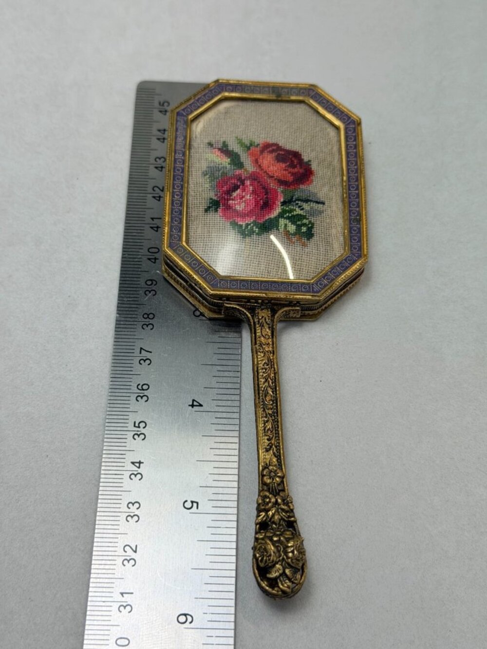 Vintage Ornate Hand Mirror Floral Needlepoint Gold Tone Small Vanity Mirror - Picture 4 of 11